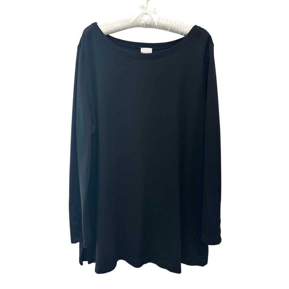 CHICO’S Black Ponte Knit Button Cuff Longline Tunic Top Size 3 XL Workwear